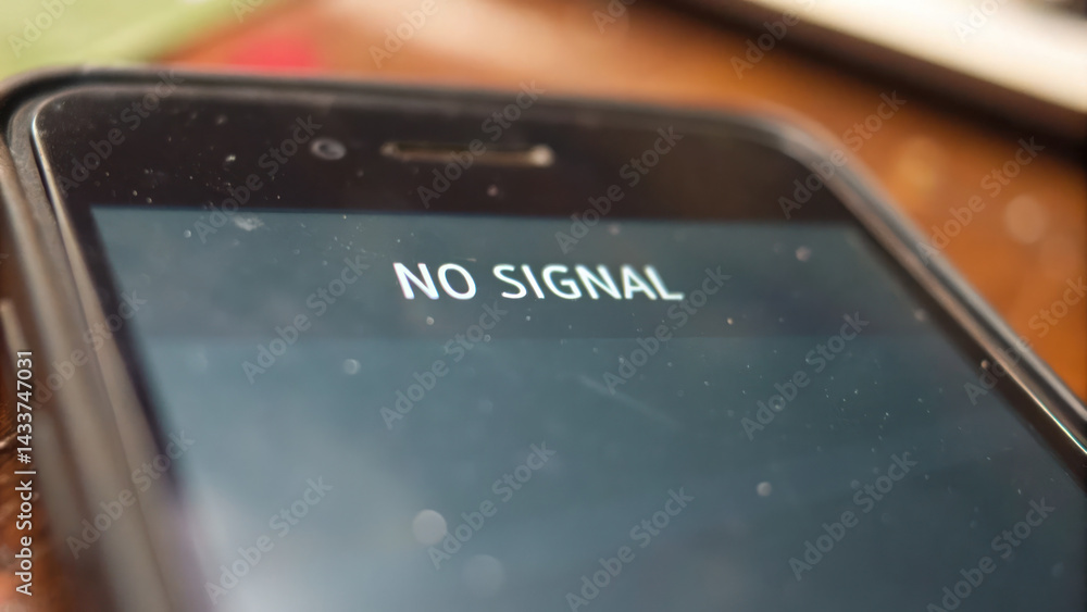 Poster close up of smartphone screen displaying no signal, highlighting frustration of connectivity issues