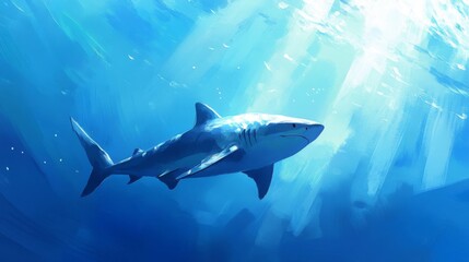 Naklejka premium Blue Shark Swimming in a Sunlit Ocean