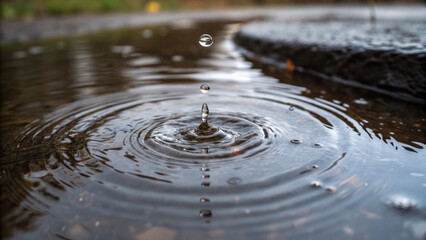 Droplet creates ripples in calm puddle, showcasing beauty of nature simplicity and tranquility