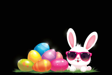 Fototapeta premium rabbit wearing sunglasses sitting in front of a pile of colorful easter eggs