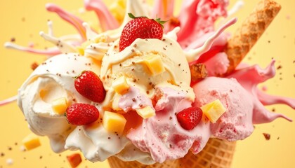 Obraz premium Colorful Ice Cream Explosion in Waffle Cone