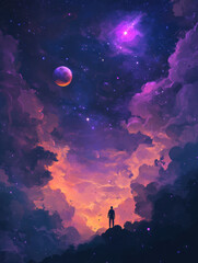 Fototapeta premium Surreal cosmic sky scene with vibrant purple and orange clouds, stars, planets, and a lone figure viewing the vast universe in a dreamy celestial landscape