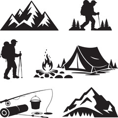 Fototapeta premium Black and White Hiking and Camping Icon Set