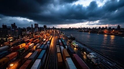 Fototapeta premium Port with Shipping Containers, Boats, and Cityscape at Dusk