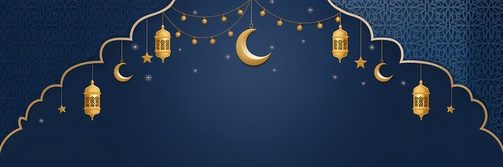 Naklejka premium Mesmerizing Ramadan Background with Deep Blue Gradient Islamic Ornaments Golden Lanterns Soft Glowing Crescent Moon Enhancing Sacred Atmosphere of the Holy Month with Elegant Minimalistic Decorations