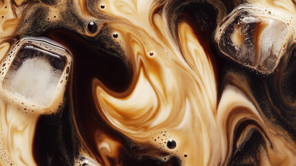 a refreshing iced coffee, a macro and full-frame texture shot, close-up texture, top view