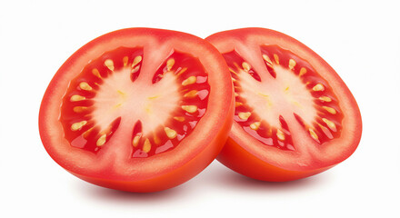 Halved tomato with seeds, isolated on white. Fresh food image for cooking, salad or nutrition visuals.