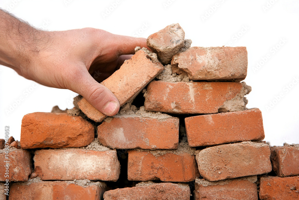 Poster worker laying bricks for a new wall construction amidst building chaos and material clutter