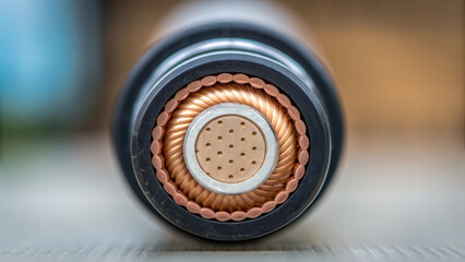 Close up view of power cable cross section showing copper wires used industrial power plant applications for efficient energy