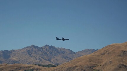 Naklejka premium Cargo aircraft flying over mountain range with clear sky background