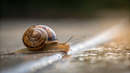 Close up of snail crawling slowly along wet surface, leaving glistening trail behind. scene captures delicate beauty of nature