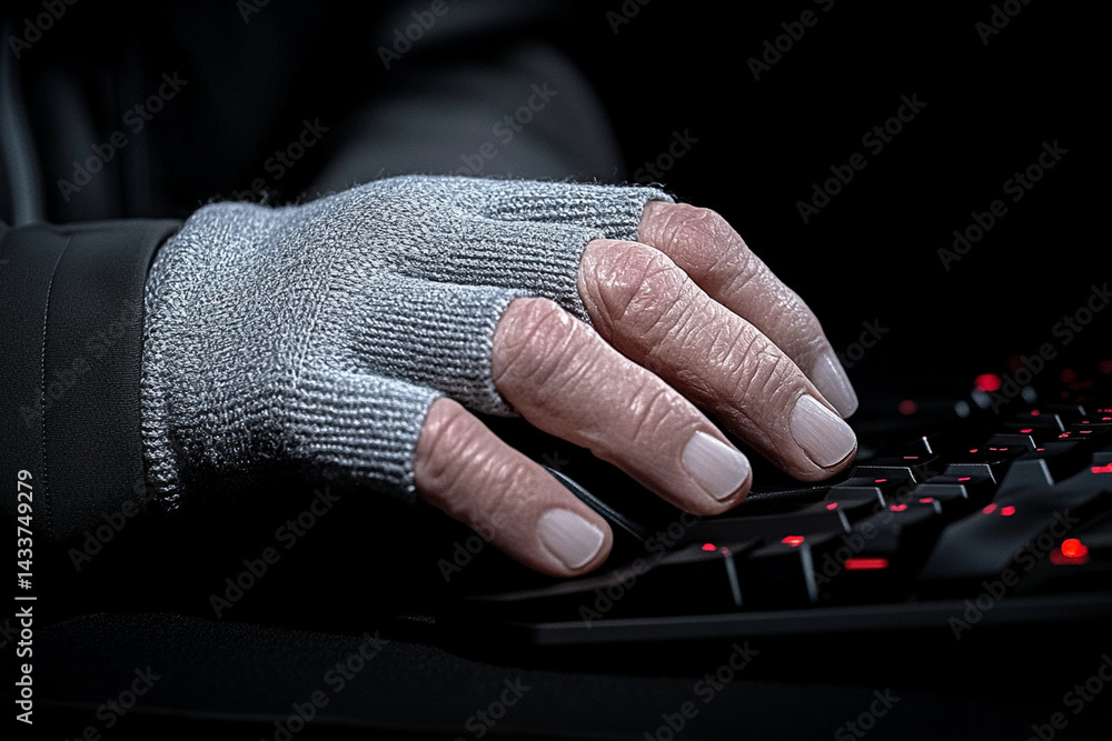 Poster hand interacting with a computer keyboard in a dimly lit environment showcasing a tech-focused works