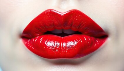 Obraz premium Close-up of vibrant red lipstick on pure white , cosmetic product, pout, sensual