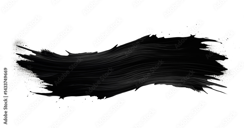 Poster a horizontal black brush stroke with textured edges on a solid transparent background is displayed h