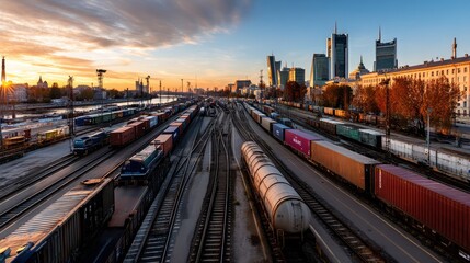 Fototapeta premium Railway Yard with Freight Trains and Cityscape at Sunrise