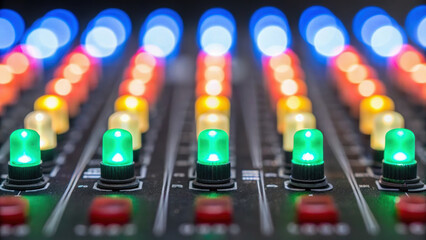 Control panel with glowing green lights and blurred indicators, symbolizing industrial power plant operations