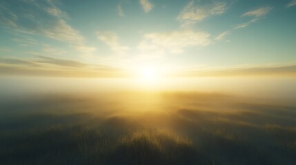 Obraz premium Serene Sunrise Over Misty Grassland Field