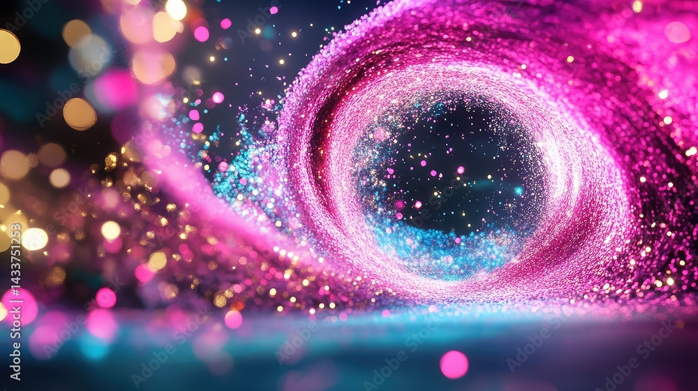 Poster dynamic 3d tech background in pink and blue tones with light trails and dark base
