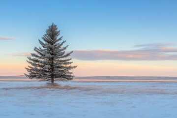 Solitary pine tree in a snowy field at dawn  A single evergreen stands tall against a vast expanse of frosted, snowy plains  Pale pink and blue hues paint the sky