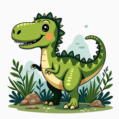 Naklejka premium Whimsical Green T-Rex: Vector Illustration with Jungle Plants, Bold Outlines, Simple Style on White, for Children's Books 