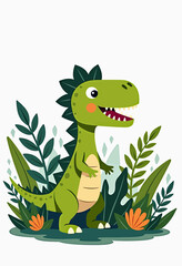 Fototapeta premium Green Tyrannosaurus Rex in Jungle: Vector Illustration for Kids' Book, Simple Style, Bold Outlines, White Background, No Shadows 