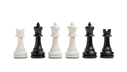 A symmetrical arrangement of black and white chess pieces against a transparent background in a studio shot png