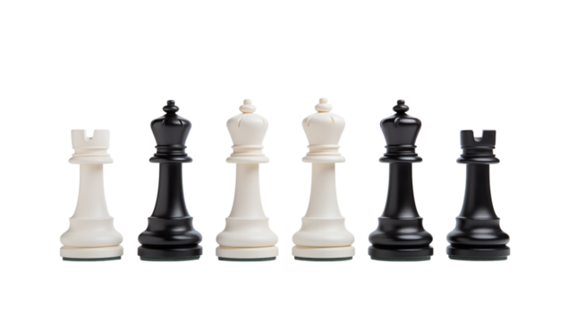 A symmetrical arrangement of black and white chess pieces against a transparent background in a studio shot png