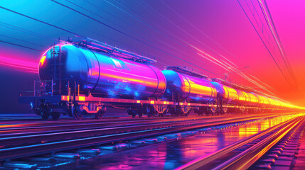 Fototapeta premium futuristic train with glowing neon lights on railway tracks