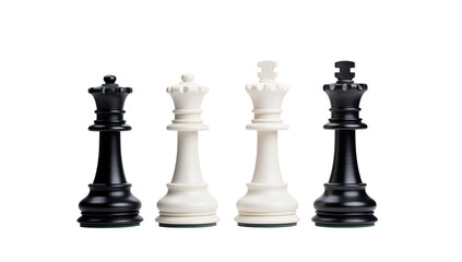 Two white and two black chess pieces kings and queens standing on a transparent background in a studio shot png