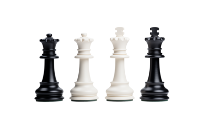 Two white and two black chess pieces kings and queens standing on a transparent background in a studio shot png