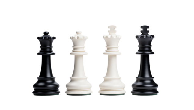 Two white and two black chess pieces kings and queens standing on a transparent background in a studio shot png
