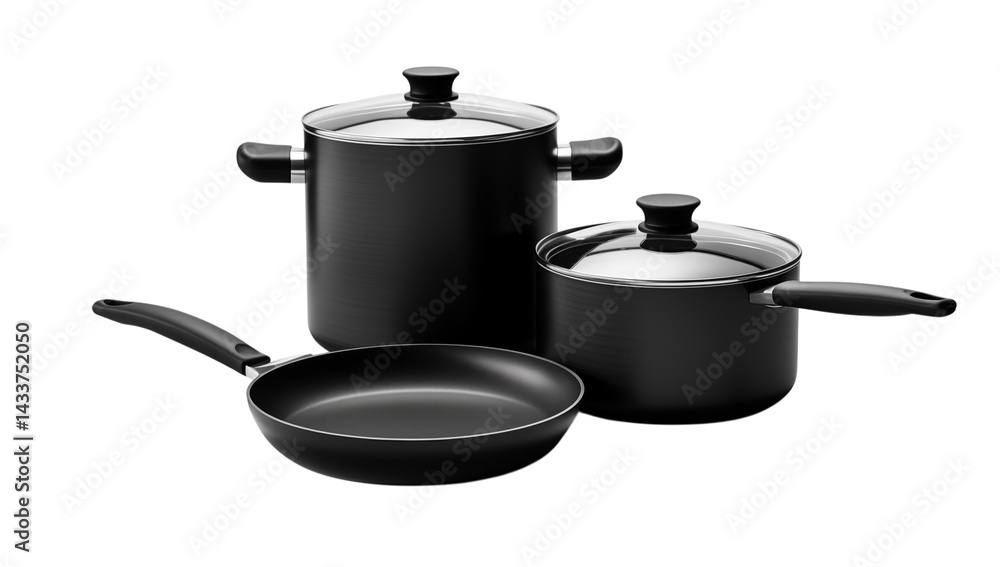 Poster a close up view of a black frying pan and two pots with lids on a transparent background studio shot