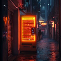 Neon lit Vending Machine in a Rainy City Alley at Night