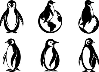 Fototapeta premium Collection of six penguin illustrations in black and white with varying poses and world imagery rite