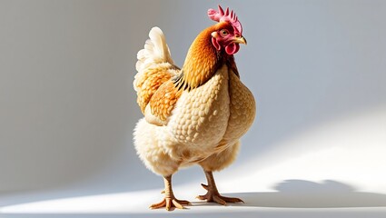 Isolated farm poultry, a white hen and a rooster, stand against a white background, showcasing their feathers