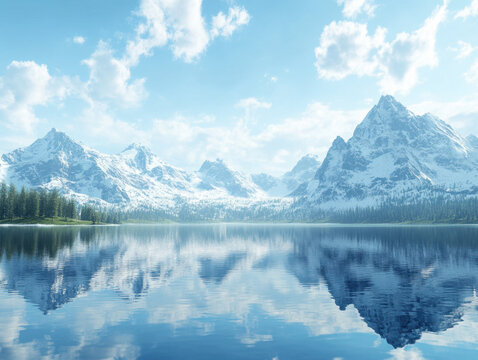Serene mountain lake scene with snow capped peaks clear blue sky and calm water reflection in a peaceful natural landscape du daytime