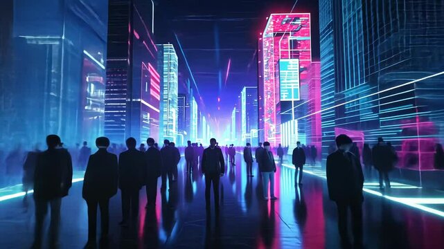 Futuristic neon city streets with people
