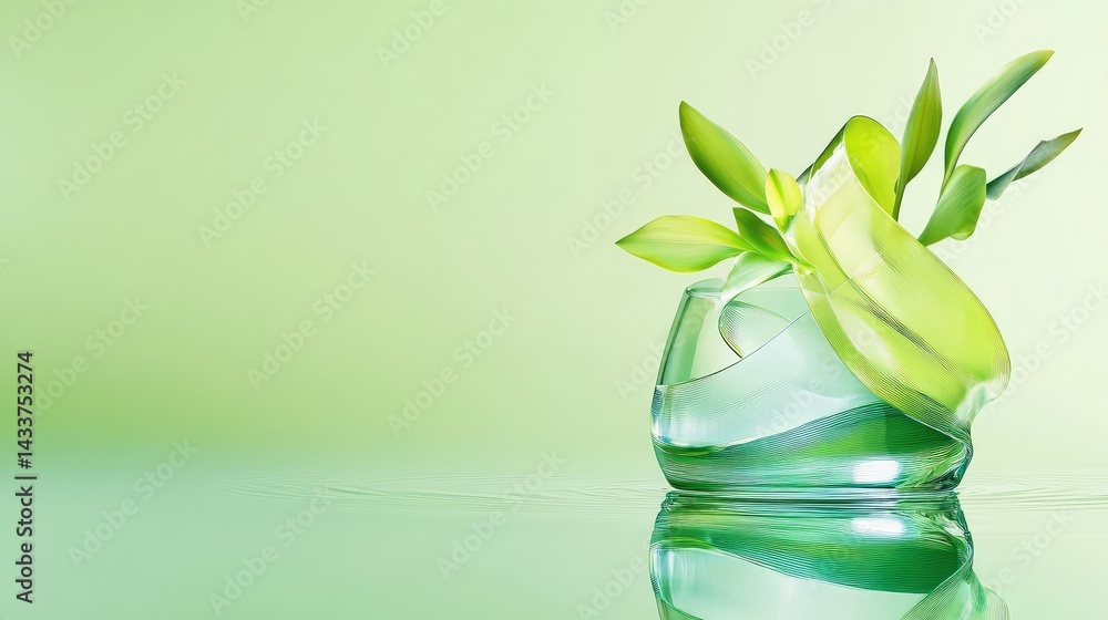 Poster light green abstract background with floating glass ribbon and rippled reflection