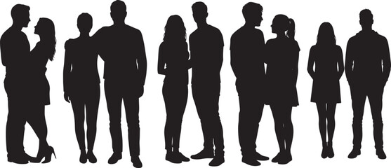 Vector Black Silhouettes of Couples — Full Body Front-Facing Romantic and Casual Male and Female Pairs in Standing Poses on White Background for Creative Design Use