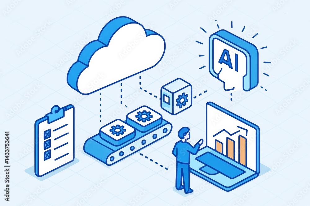 Poster a digital illustration depicting cloud computing, ai, and data analytics with a person interacting w