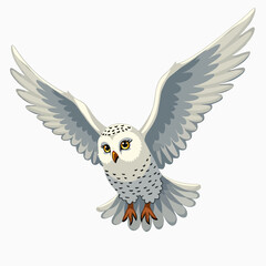 Fototapeta premium Flat Vector Snowy Owl Illustration: Flying, Isolated on White Background, Spread Wings, Brown Beak, Yellow Eyes, Simple & Clean Design 