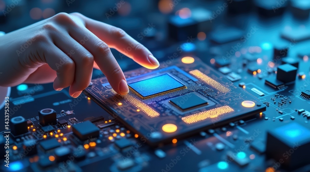 Aufkleber a hand interacts with a microchip on a circuit board, showcasing advanced technology and electronics