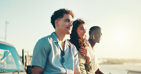 Relax, road trip and travel with friends at beach together for bonding, holiday or vacation. Adventure, thinking and transport with group of people outdoor on coast for getaway, view or weekend