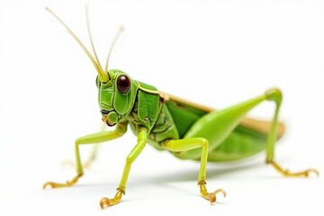 Fototapeta premium Single green grasshopper isolated on pure white, macro, detail