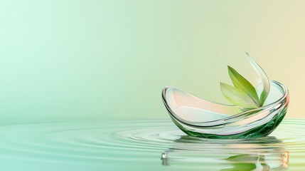 Minimalist light green background with curved glass ribbon and soft water reflections