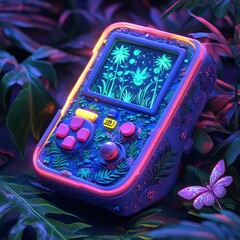 Glowing Arcade Joystick in Neon Green Forest Setting