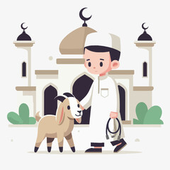 A cartoon illustration of a Muslim boy leading a goat in front of a mosque, likely for Eid al-Adha.