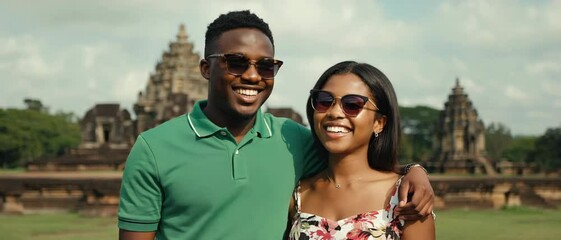 A stylish African couple in sunglasses laughs together with arms linked before ornate Southeast Asian temple towers. Concept of multicultural tourism and shared happiness. - Powered by Adobe
