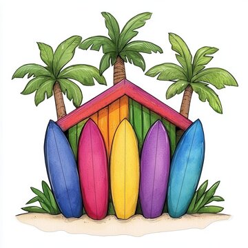 recommend clip art: Colorful Surfboards at Tropical Beach Hut Illustration