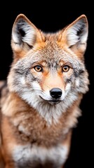Fototapeta premium Close-up portrait of a coyote against a black background, showcasing its amber eyes, reddish-brown fur, and alert expression